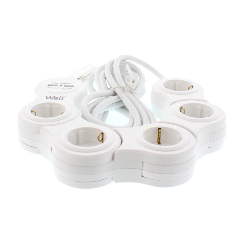prelungitor reglabil 5 prize 3m cablu 3x1.5mmp cu incarcator usb, well prelungitor reglabil 5 prize 3m cablu 3x1.5mmp cu incarcator usb, well