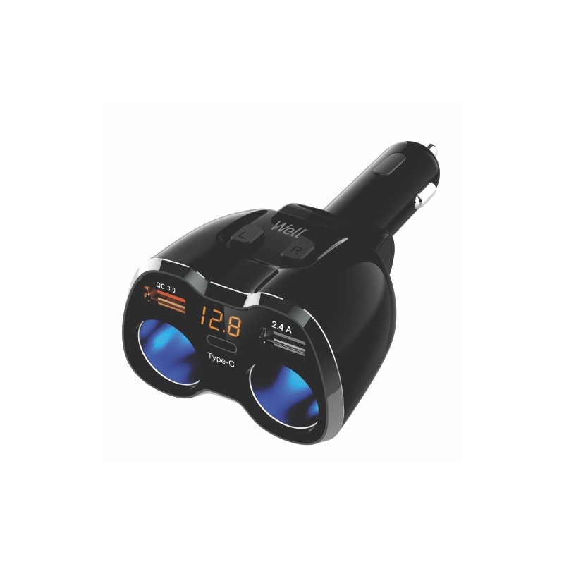 multiplicator bricheta auto cu 2 iesiri, 1x usb-a 2.4a, 1x qc3.0, 1x usb-c, pd, well