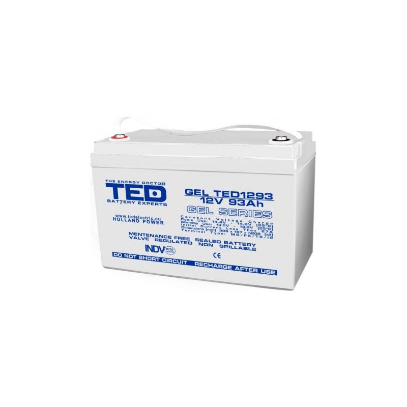 Acumulator 12V GEL Deep Cycle Solar, Dimensiuni 305 x 167 x 208 mm, Baterie 12V 93Ah M8, TED Electric TED003485