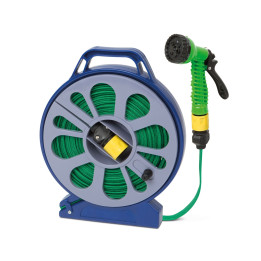 set pt. stropit - furtun textil flexibil 15 m cu tambur, pistol de pulverizat 7 in 1, racorduri