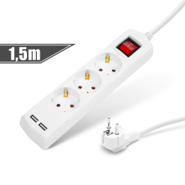 prelungitor 3 - 3 x 1,5 mm - 1,5 m - cu 2 x usb - cu buton