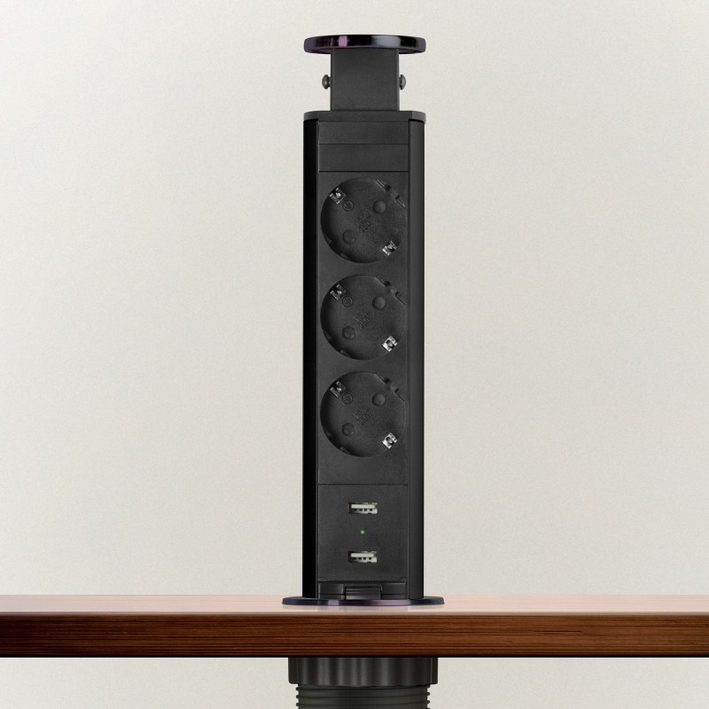 distribuitor electric ascuns - 3 prize + 2 prize usb - negru lucios - delight