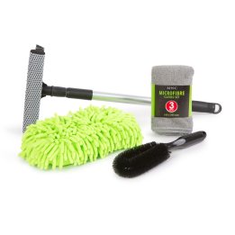 set cosmetica auto - 3 lavete cu microfibre, racleta si burete pentru curatat jenti