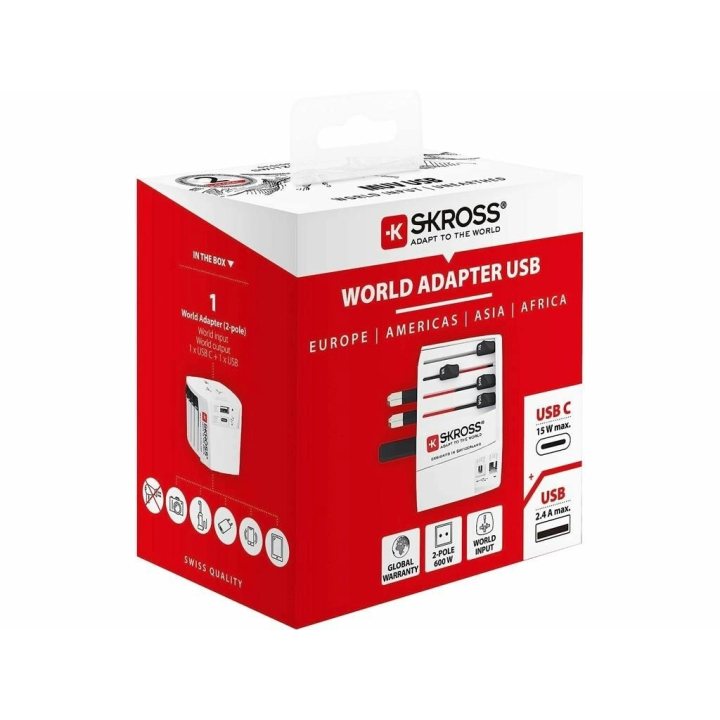 adaptor priza universal skross 1.302962, 1x usb-a, 1x usb-c