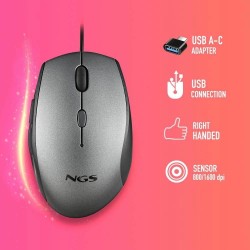 mouse optic cu fir ngs moth gray, 1600dpi, silent click, adaptor usb-c, gri