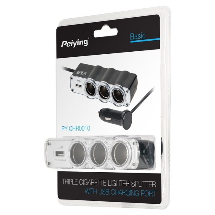 splitter bricheta auto x3 cu usb si cablu peiying