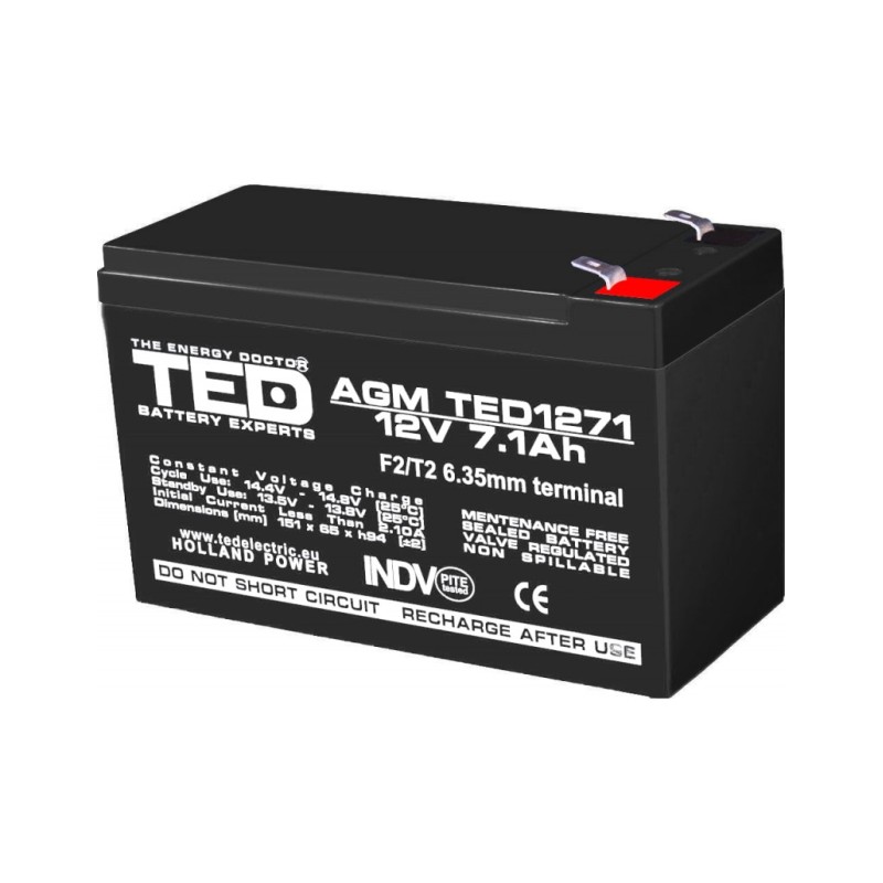 acumulator 12v stationar vrla, dimensiuni 151 x 65 x 95 mm, baterie 12v 7.1ah f2, ted electric ted003225 acumulator 12v stationar vrla, dimensiuni 151 x 65 x 95 mm, baterie 12v 7.1ah f2, ted electric ted003225