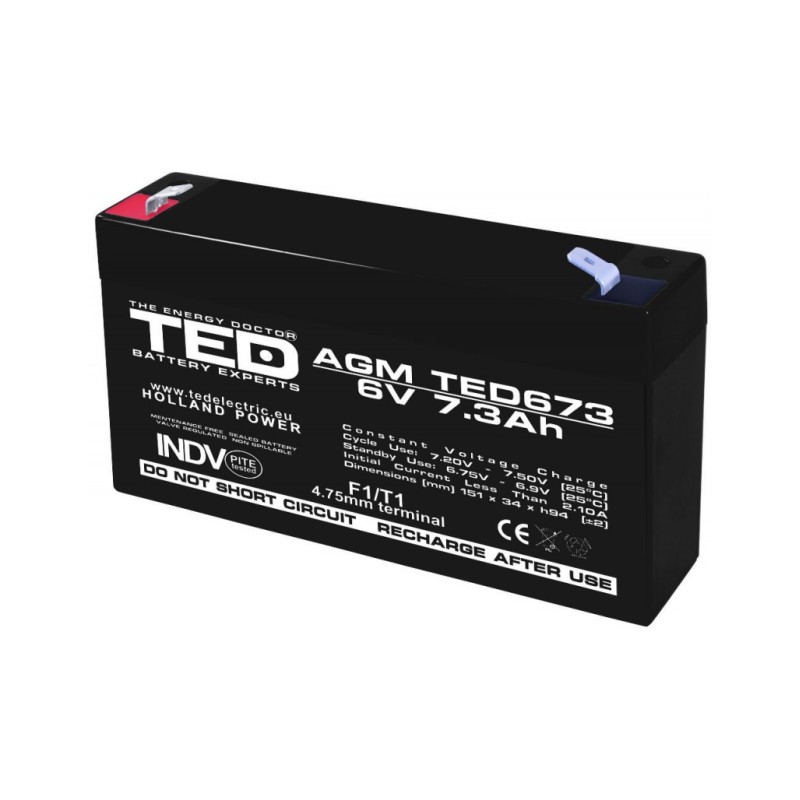 acumulator 6v stationar vrla, dimensiuni 151 x 34 x 95 mm, baterie 6v 7.3ah f1, ted electric ted002976 acumulator 6v stationar vrla, dimensiuni 151 x 34 x 95 mm, baterie 6v 7.3ah f1, ted electric ted002976