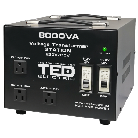 transformator de tensiune, convertor de la 220v la 110v si reversibil 8000va 6400w cu carcasa si regleta, ted electric ted000262