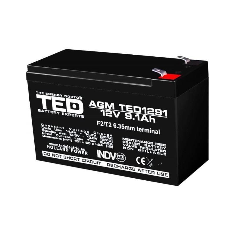 acumulator 12v stationar vrla, dimensiuni 151 x 65 x 95 mm, baterie 12v 9.1ah f2, ted electric ted003263 acumulator 12v stationar vrla, dimensiuni 151 x 65 x 95 mm, baterie 12v 9.1ah f2, ted electric ted003263