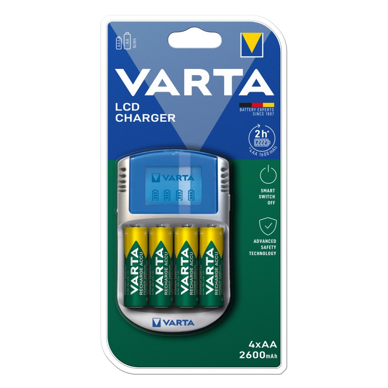 ncarcator varta lcd charger cu alimentator auto 12v si usb include 4 x aa r6 2600mah 57070