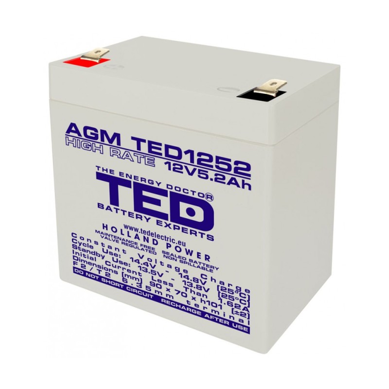 acumulator 12v high rate, dimensiuni 90 x 70 x 98 mm, baterie 12v 5.2ah f2, ted electric ted003287 acumulator 12v high rate, dimensiuni 90 x 70 x 98 mm, baterie 12v 5.2ah f2, ted electric ted003287