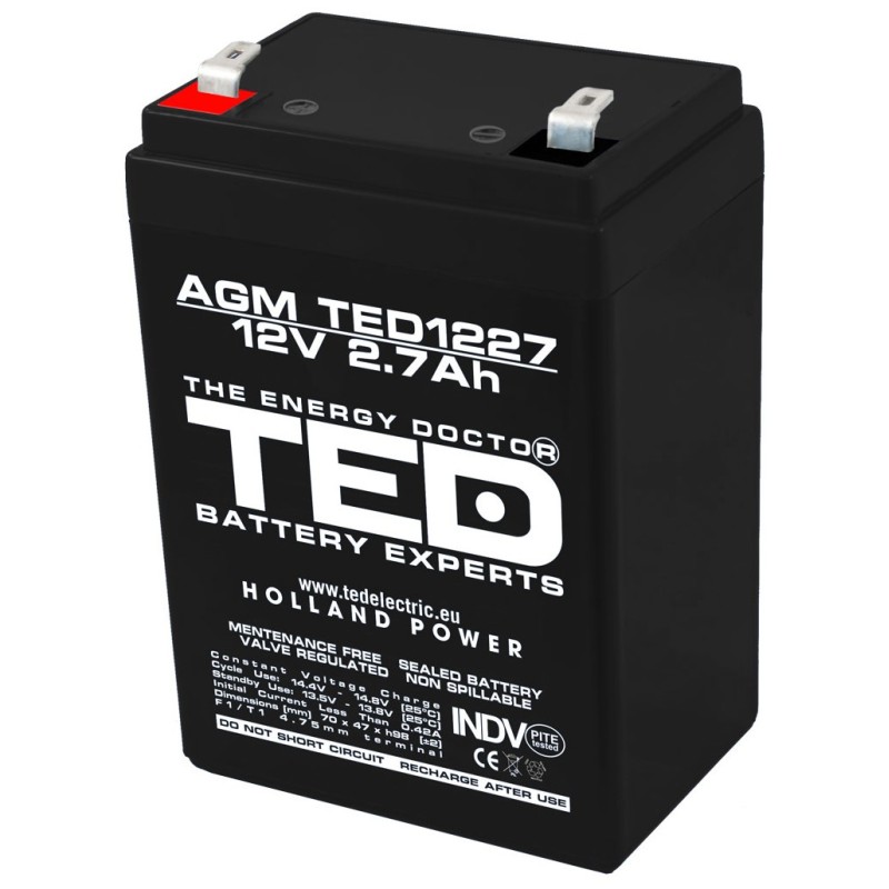 acumulator 12v stationar vrla, dimensiuni 70 x 47 x 98 mm, baterie 12v 2.7ah, ted electric ted003119