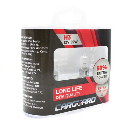 set de 2 becuri halogen h3, 55w +50% intensitate - long life - carguard