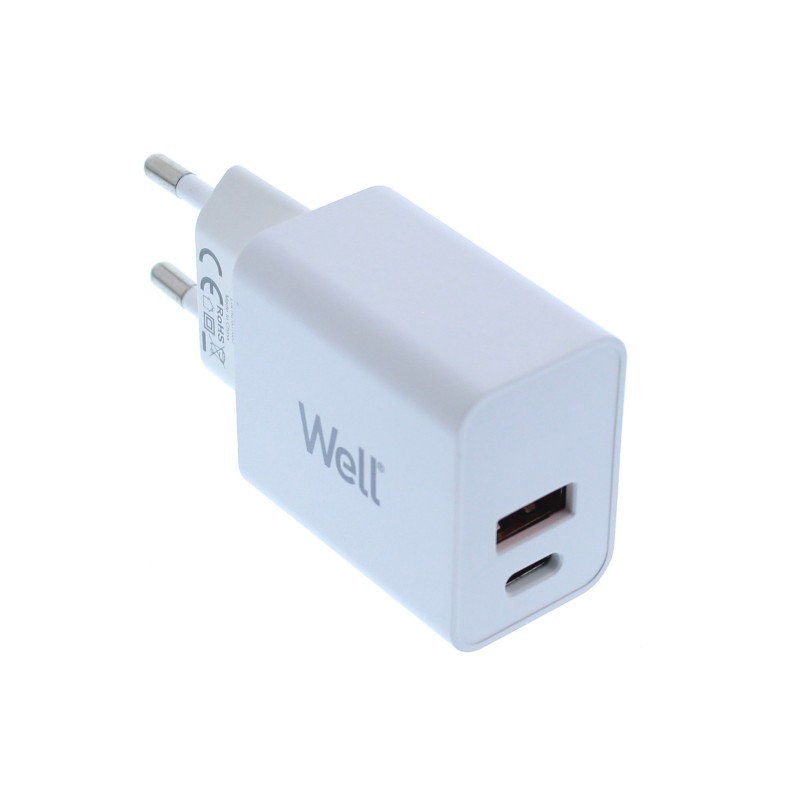incarcator retea well, 1x usb-a qc3.0, 1x usb-c pd 30w, alb, punga