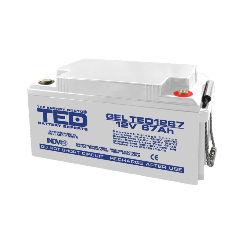 acumulator 12v gel deep cycle, dimensiuni 350 x 166 x 176 mm, baterie 12v 67ah m6, ted electric ted003461