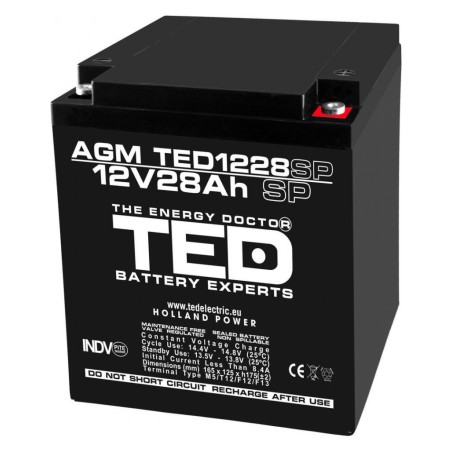 acumulator 12v stationar vrla, dimensiuni 165 x 125 x 175 mm, baterie 12v 28ah m6, ted electric ted003430