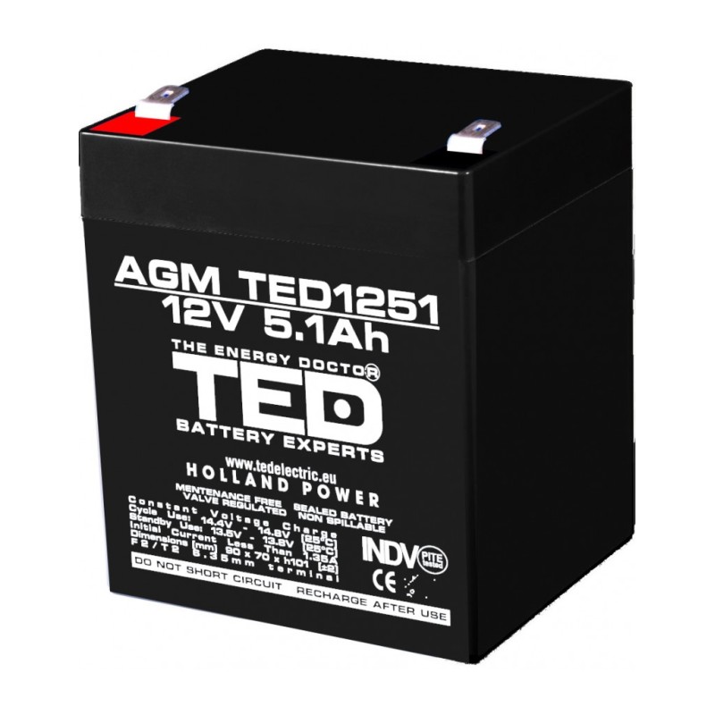 acumulator 12v stationar vrla, dimensiuni 90 x 70 x 98 mm, baterie 12v 5.1ah f2, ted electric ted003157 acumulator 12v stationar vrla, dimensiuni 90 x 70 x 98 mm, baterie 12v 5.1ah f2, ted electric ted003157