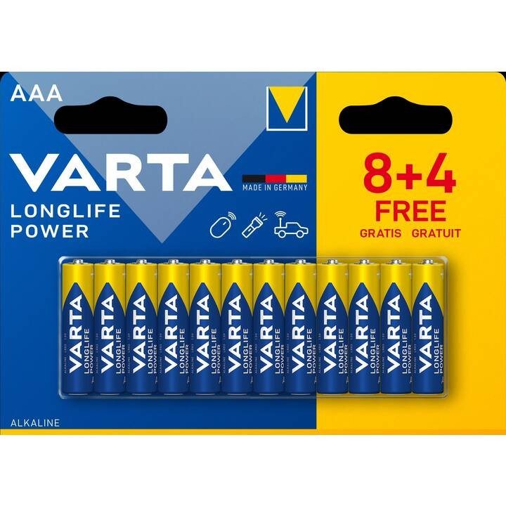 baterie alcalina r3 (aaa) 8+4 buc/blister, longlife power varta