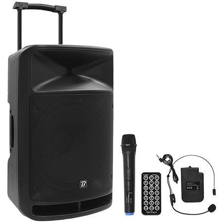 boxa portabila 15''/38cm + tweeter 350w bt/usb/fm/sd + 2mic vhf