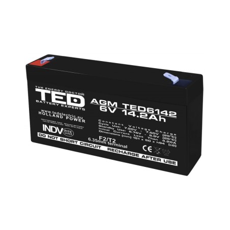 acumulator 6v stationar vrla, dimensiuni 151 x 50 x 95 mm, baterie 6v 14.2ah f2, ted electric ted003034
