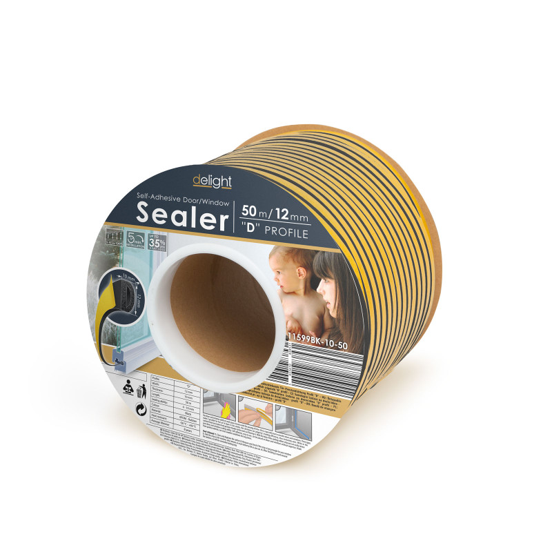 delight - profil de etansare autoadeziv pt. ferestre, profil ,,d" - 50 m, negru, 10 mm