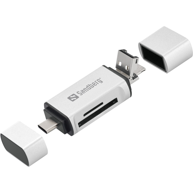 cititor de carduri sd  microsd cu conectare usb-c  usb  microusb sandberg 136-28  argintiu