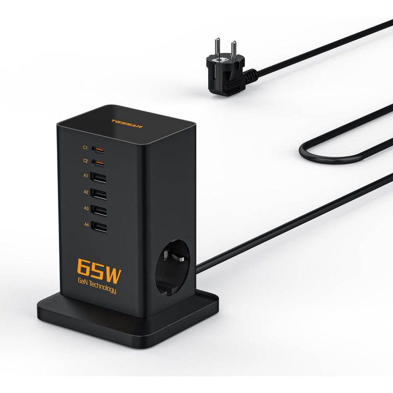 prelungitor tip turn tessan , zts-fs02de00, 2x usb-c, 4x usb, 2 prize, incarcare rapida usb-c 65w, 2m, negru