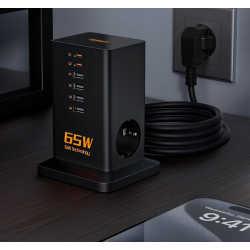 prelungitor tip turn tessan , zts-fs02de00, 2x usb-c, 4x usb, 2 prize, incarcare rapida usb-c 65w, 2m, negru