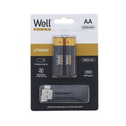 acumulator aa (r6) li-ion 14500 1.5v 1660mah  2500mwh  incarcare usb-c  2 buc/blister  well