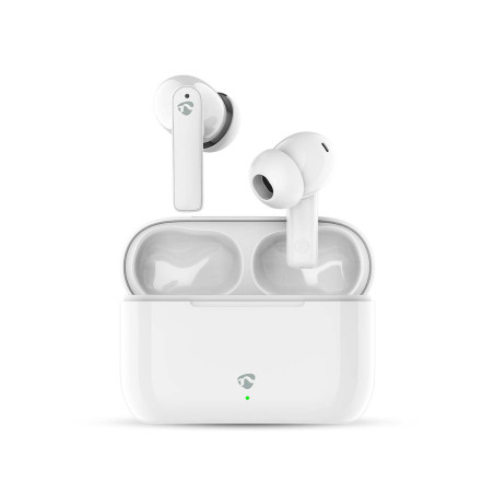 casti bluetooth in-ear nedis  redare pana la 24 ore  enc  control vocal  carcasa de incarcare  alb
