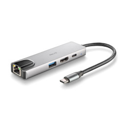 adaptor usb-c tata - 1x hdmi  1x usb-c pd 100w  1x usb 3.0  1x rj45 mama  argintiu  ngs
