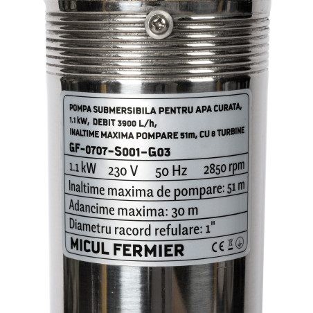 pompa submersibila pentru apa curata, 1.1 kw, debit 3900 l/h, inaltime maxima pompare 51 m, 8 turbine