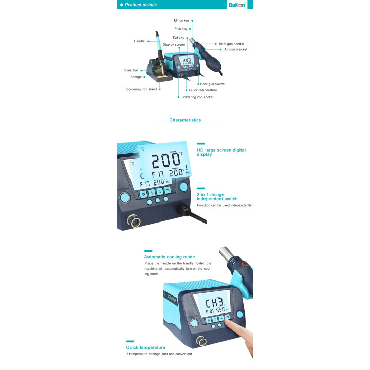 Bakon, Statie service Bakon Bk881 2 in 1 Afisaj LCD letcon si suflanta aer cald -19, dioda.ro