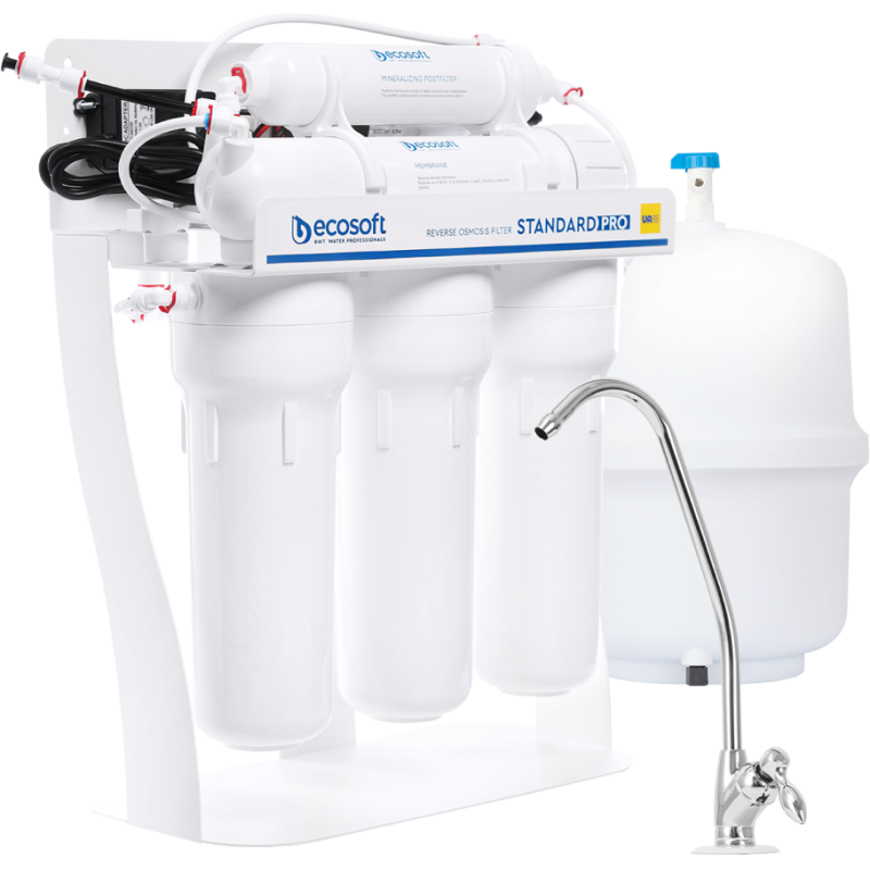 Standard PRO reverse osmosis filter with mineralization and pump on metal rack