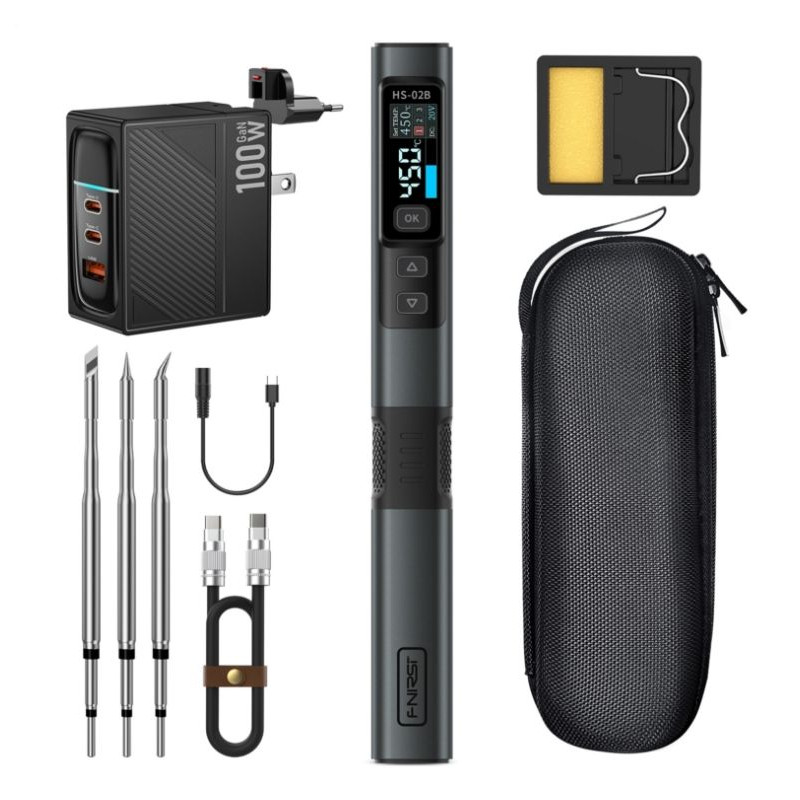 ciocan de lipit 100w, afisaj digital, usb-c, 1.2m, fnirsi hs-02b, pachet h. profile, incarcator 100w gan, 2 varfuri extra