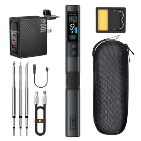 ciocan de lipit 100w, afisaj digital, usb-c, 1.2m, fnirsi hs-02b, pachet h. profile, incarcator 100w gan, 2 varfuri extra