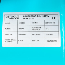 compresor detoolz 24l fara ulei, 1500 w, debit 154l/min, 8 bar, 2 prize de aer