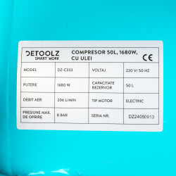 compresor detoolz 50l cu ulei, 1680 w, debit 206l/min, 8 bar, 2 prize de aer