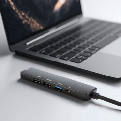 hub usb multifunctional - hdmi + type-c 3.0 - 3xusb-a, 1xtype-c - 5 gbps, 100 w - negru