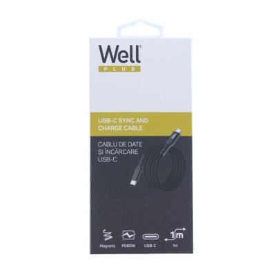 cablu magnetic usb-c - usb-c, 1m, well, 20v 3a, 60w, negru