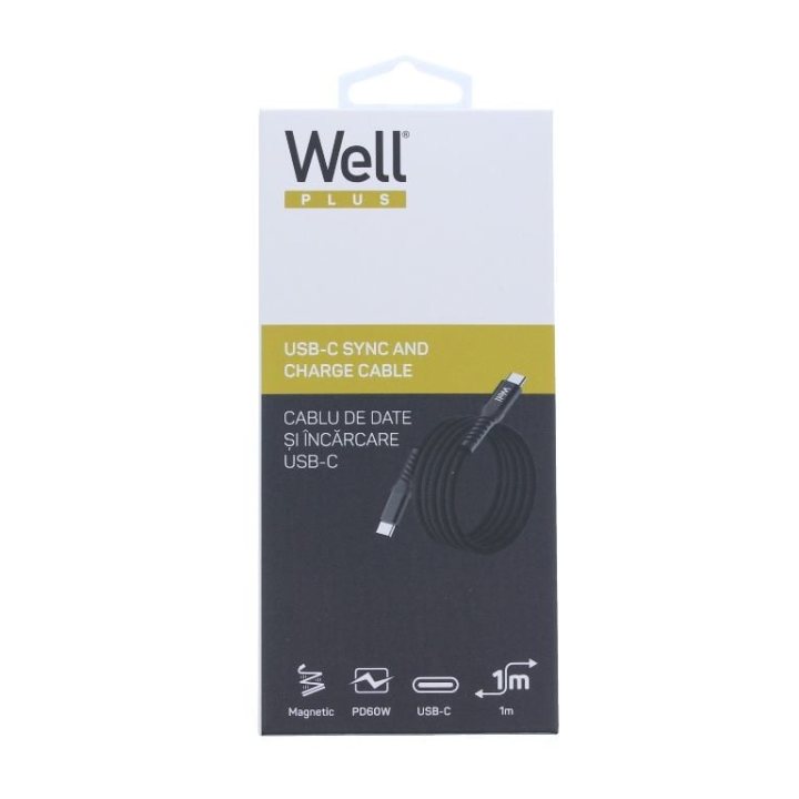 cablu magnetic usb-c - usb-c, 1m, well, 20v 3a, 60w, negru