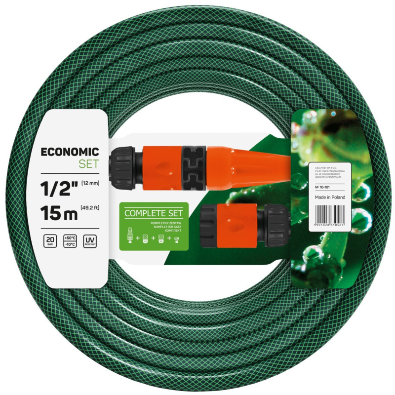 set furtun pentru gradina cellfast economic, 3 straturi cu armatura, 1 2   15m, protectie uv, stropitor, conector