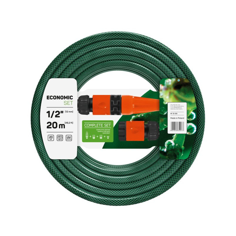 set furtun pentru gradina cellfast economic, 3 straturi cu armatura, 1 2   20m, protectie uv, stropitor, conector