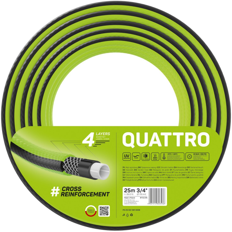 furtun pentru gradina cellfast quattro cu 4 straturi, 3 4  , armat, 25m, protectie uv
