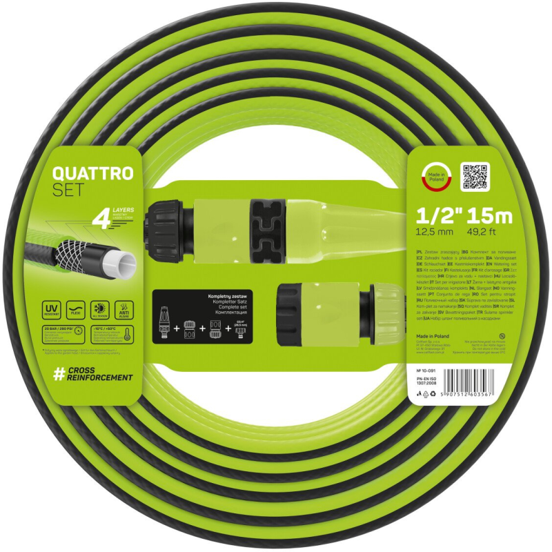 set furtun pentru gradina cellfast quattro cu 4 straturi, 1 2  , armat, 15m, protectie uv, stropitor, conector