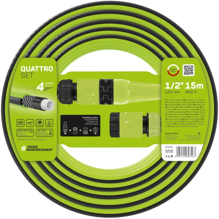 set furtun pentru gradina cellfast quattro cu 4 straturi, 1 2  , armat, 15m, protectie uv, stropitor, conector