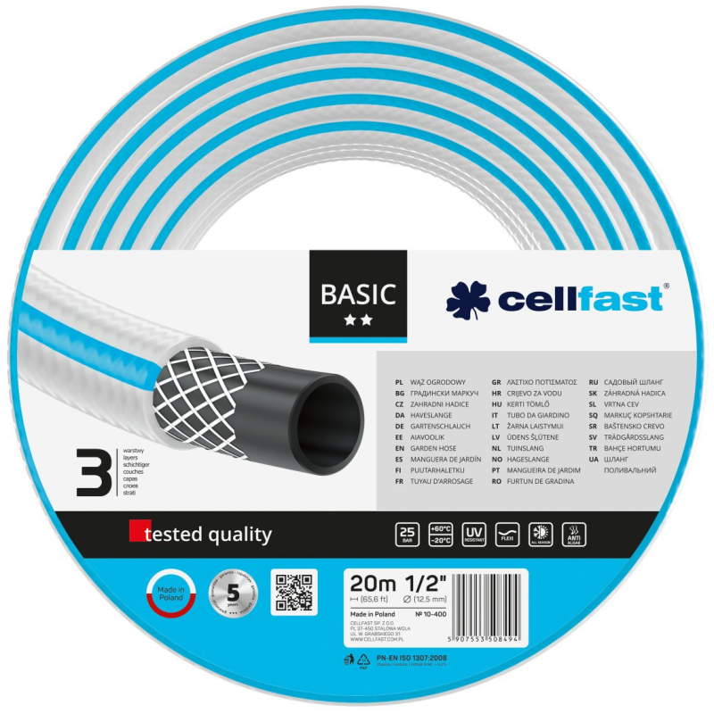 furtun pentru gradina cellfast basic cu 3 straturi, 1 2  , armat, 20m, protectie uv