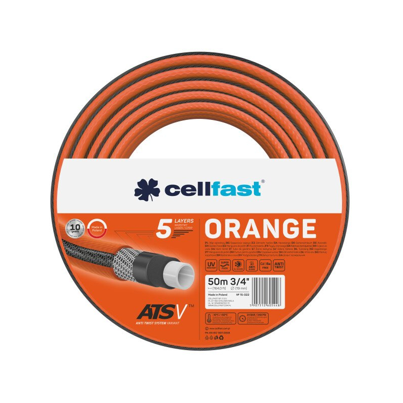furtun pentru gradina cellfast orange cu 5 straturi, 3 4  , armat, 50m, protectie uv, antirasucire