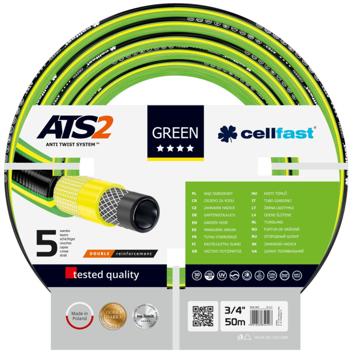 furtun pentru gradina cellfast green cu 5 straturi, 3 4  , armat, 50m, protectie uv, antirasucire